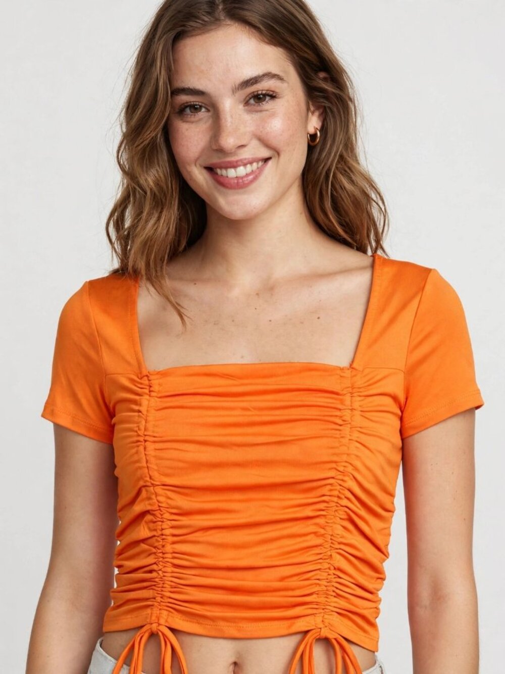 Heart & Hips Orange Ruched Drawstring Top Short Sleeve Size S